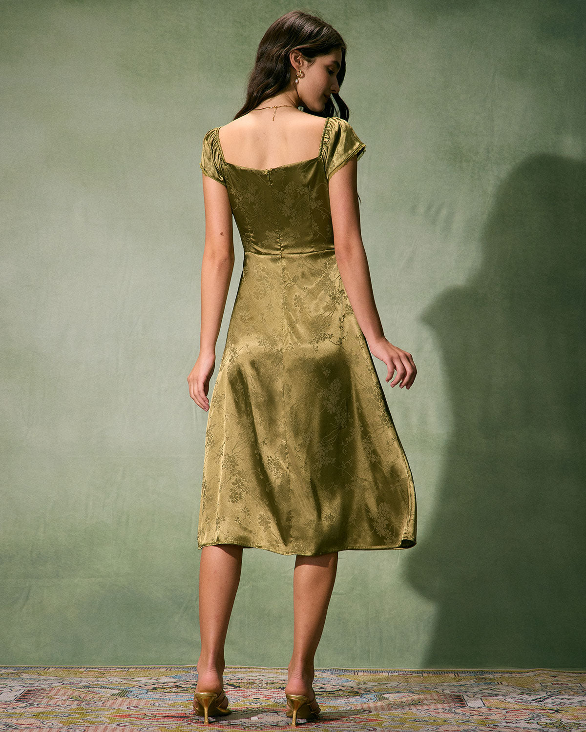 The Green Satin Jacquard Side Split Midi Dress