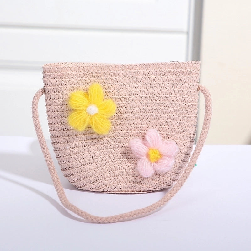 Women's Mini Straw Flower Bow Knot Fashion Bucket Zipper Shoulder Bag Handbag Crossbody Bag