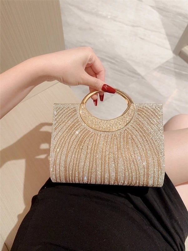 Gold Rhinestone Solid Color Square Evening Bags