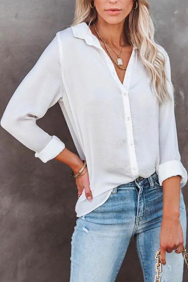 Casual Loose Long Sleeve Button V Neck Shirt Top