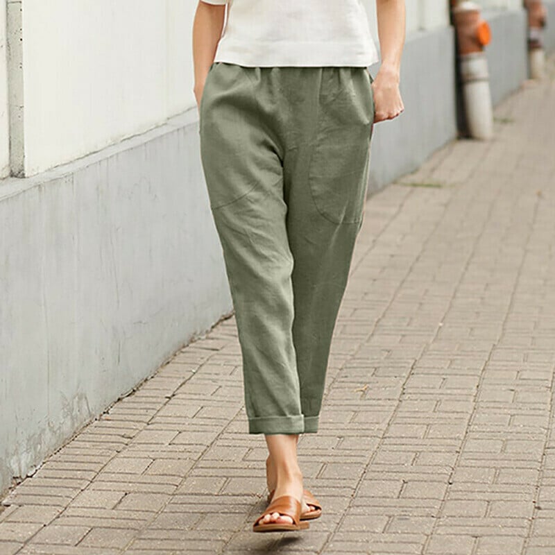 Solid Color Cotton and Linen Casual Pants with Pockets