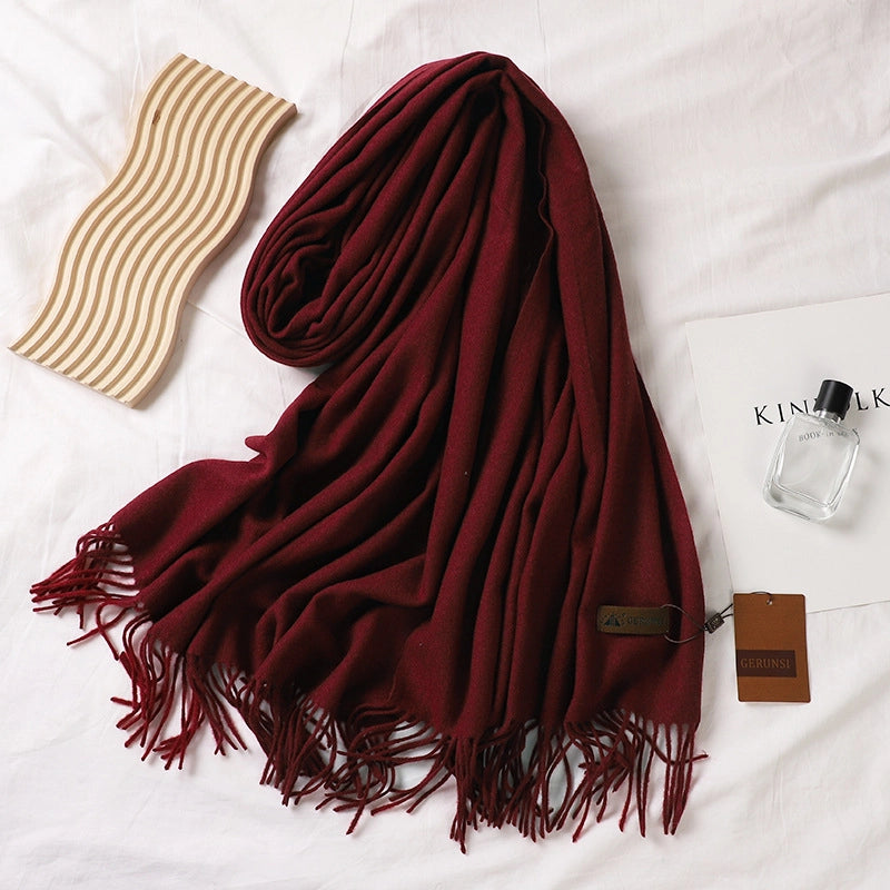 Solid Color Prickly Wool Scarf Women's 300g Ge Run Si Imitation Cashmere Thickened Scarf Japanese Style Plain Scarf For Autumn And Winter