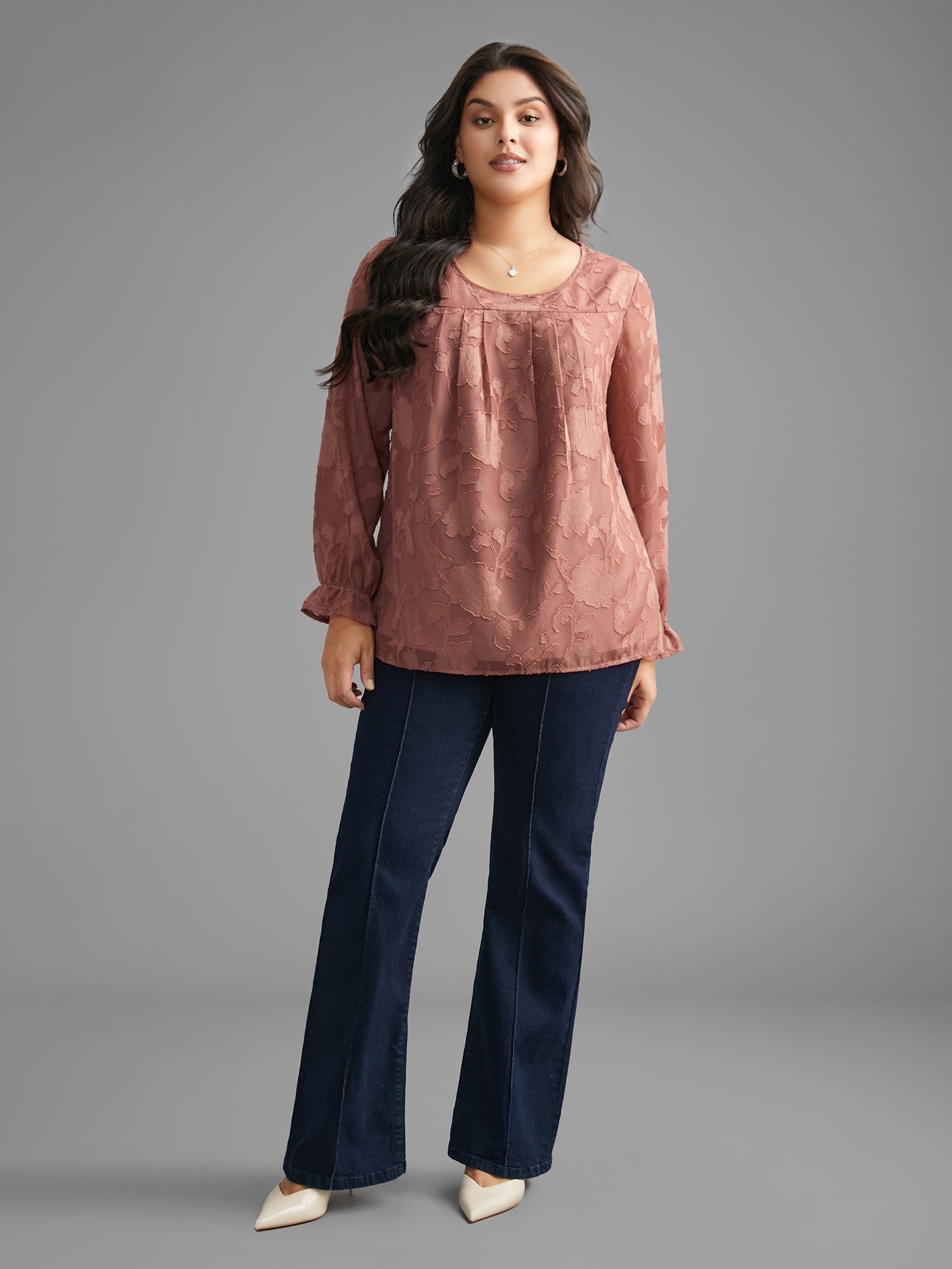 Silhouette Floral Textured Lantern Sleeve Blouse