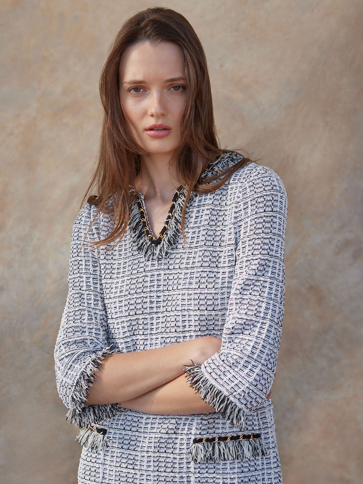 Chain & Fringe Trim Tweed Knit Shift Dress - Vanity Fit