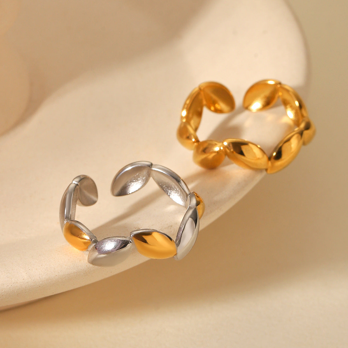 Stainless Steel Gold Beans Irregular Opening Ring Niche Design Ring Female Titanium Steel Hand Jewelry