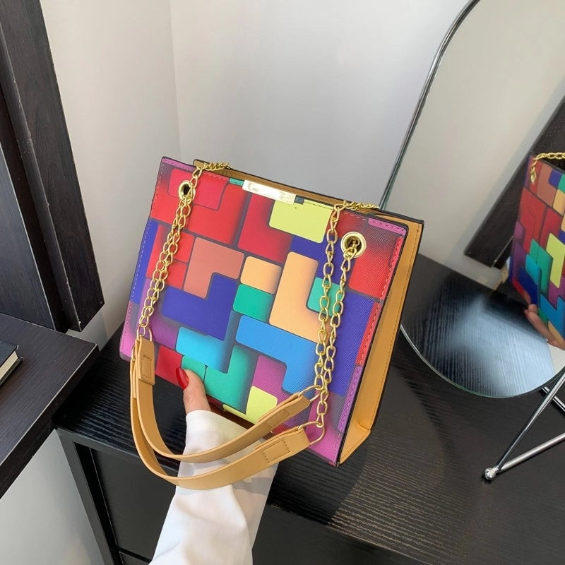 Women's Pu Leather Color Block Lattice Streetwear Square Zipper Shoulder Bag Crossbody Bag