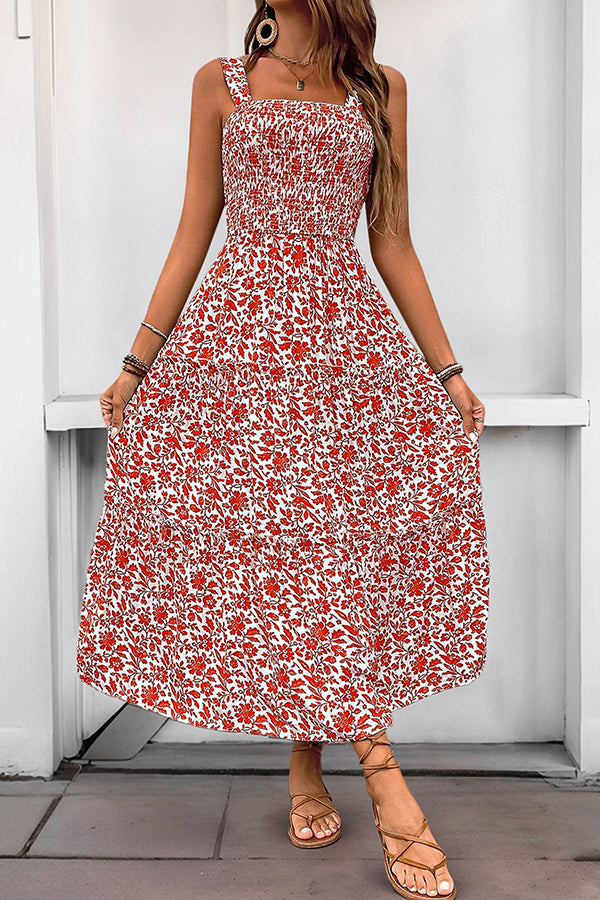 Fashion Smocked Floral Print Casual Dress
