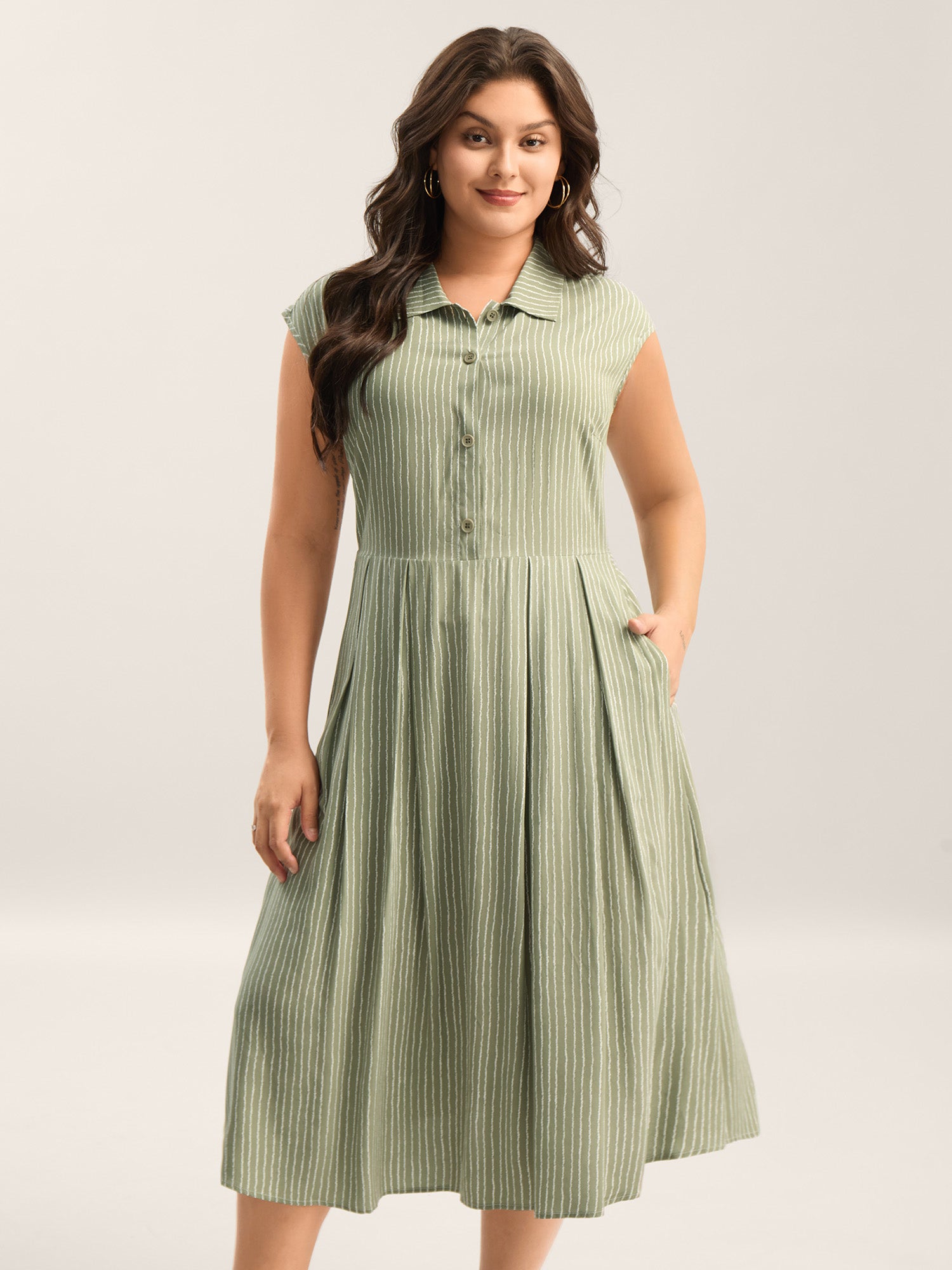 Stripe Print Button Detail Collar Midi Dress