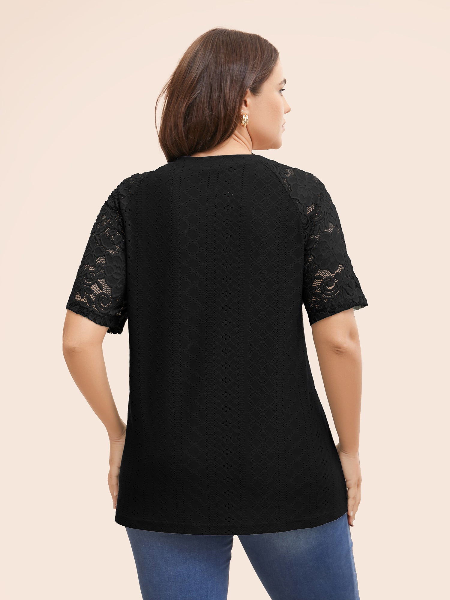 Solid Broderie Anglaise Lace Raglan Sleeve T-shirt