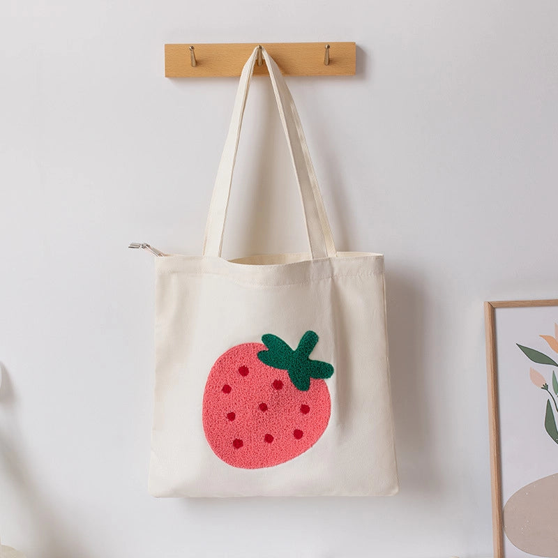 Women's Large Canvas Strawberry Streetwear Embroidery Square Zipper Handbag