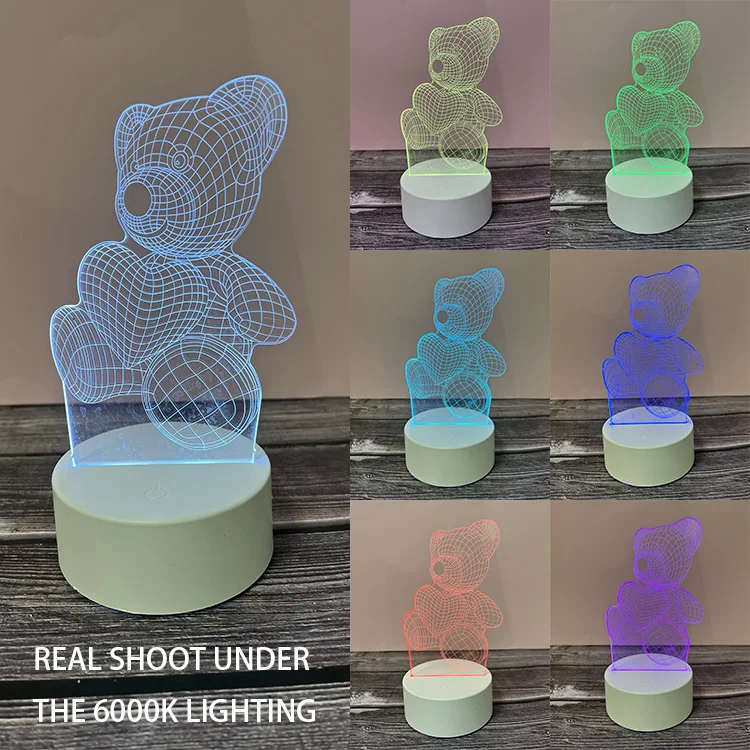 Kid Room Desk Gift Set Figure Glass Acrylic Board Multi-color Mode Lamp Touch Round Base Stand Small 3D Illusion LED Night Light