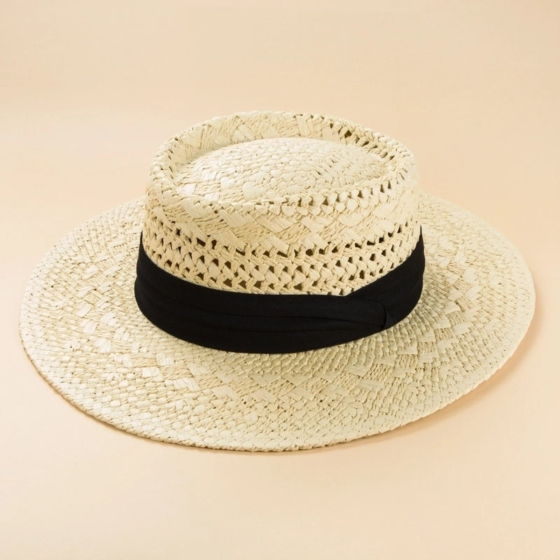 Fashion British Style Handmade Straw Woven Concave Top Hat Female Summer Vacation Seaside Sun-proof Beach Hat