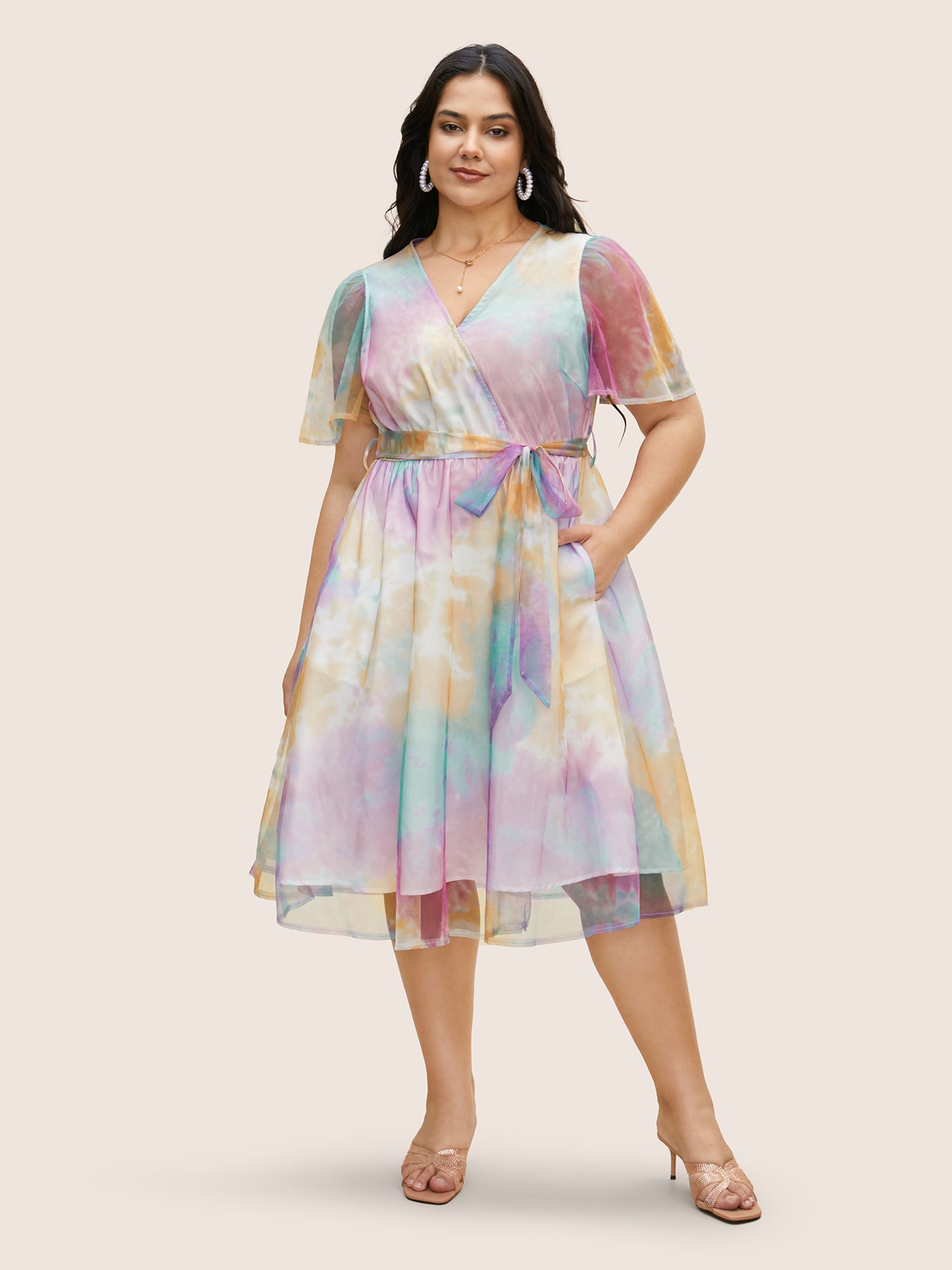 Tie Dye Wrap Belted Midi Dress