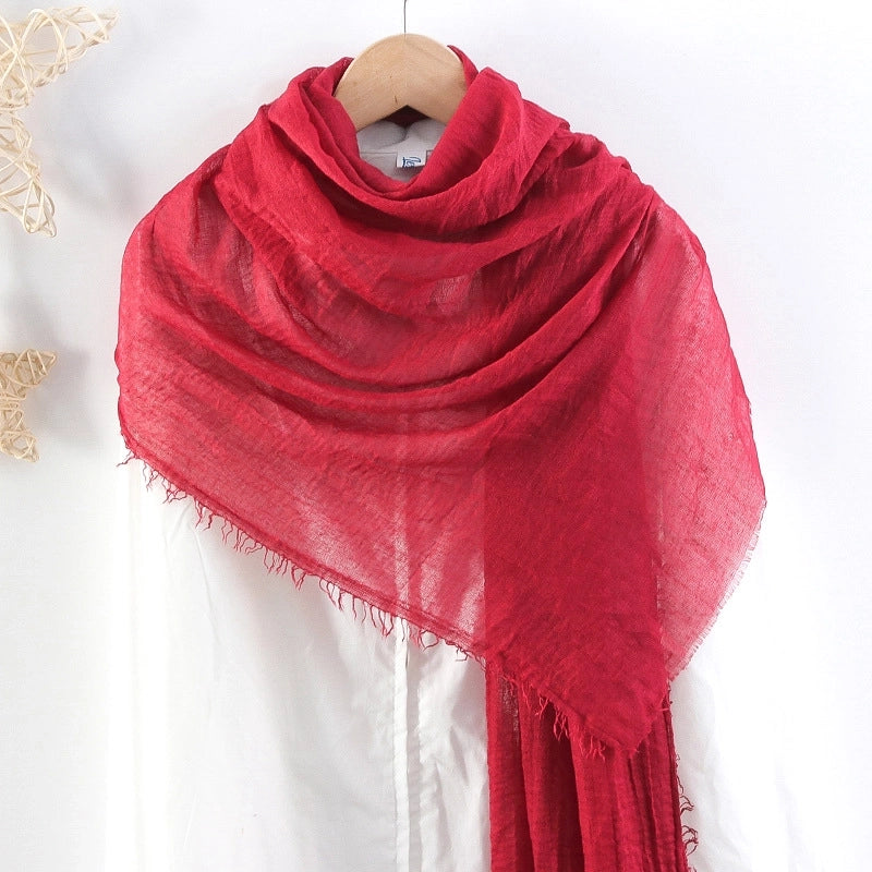 Hot Selling Solid Color Pleated Cotton And Linen Scarf Women's Bag Headscarf Crumpled Hair Fringe Bubble Scarf Women's Scarf Cover Head