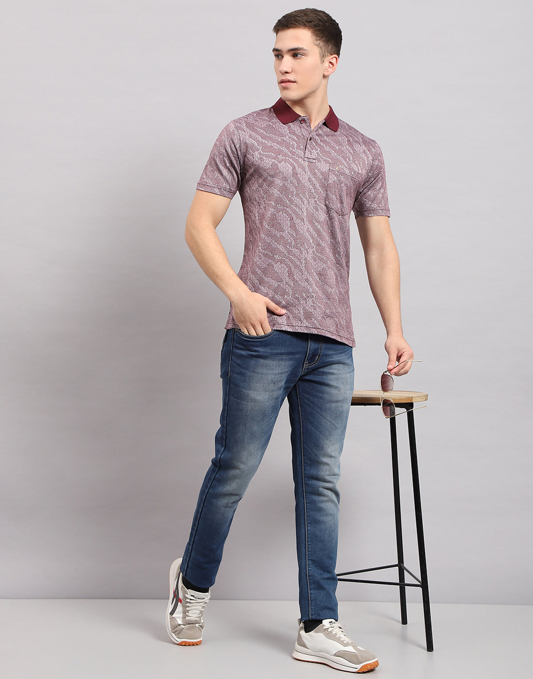 Men Maroon Stripe Polo Collar Half Sleeve T-Shirt