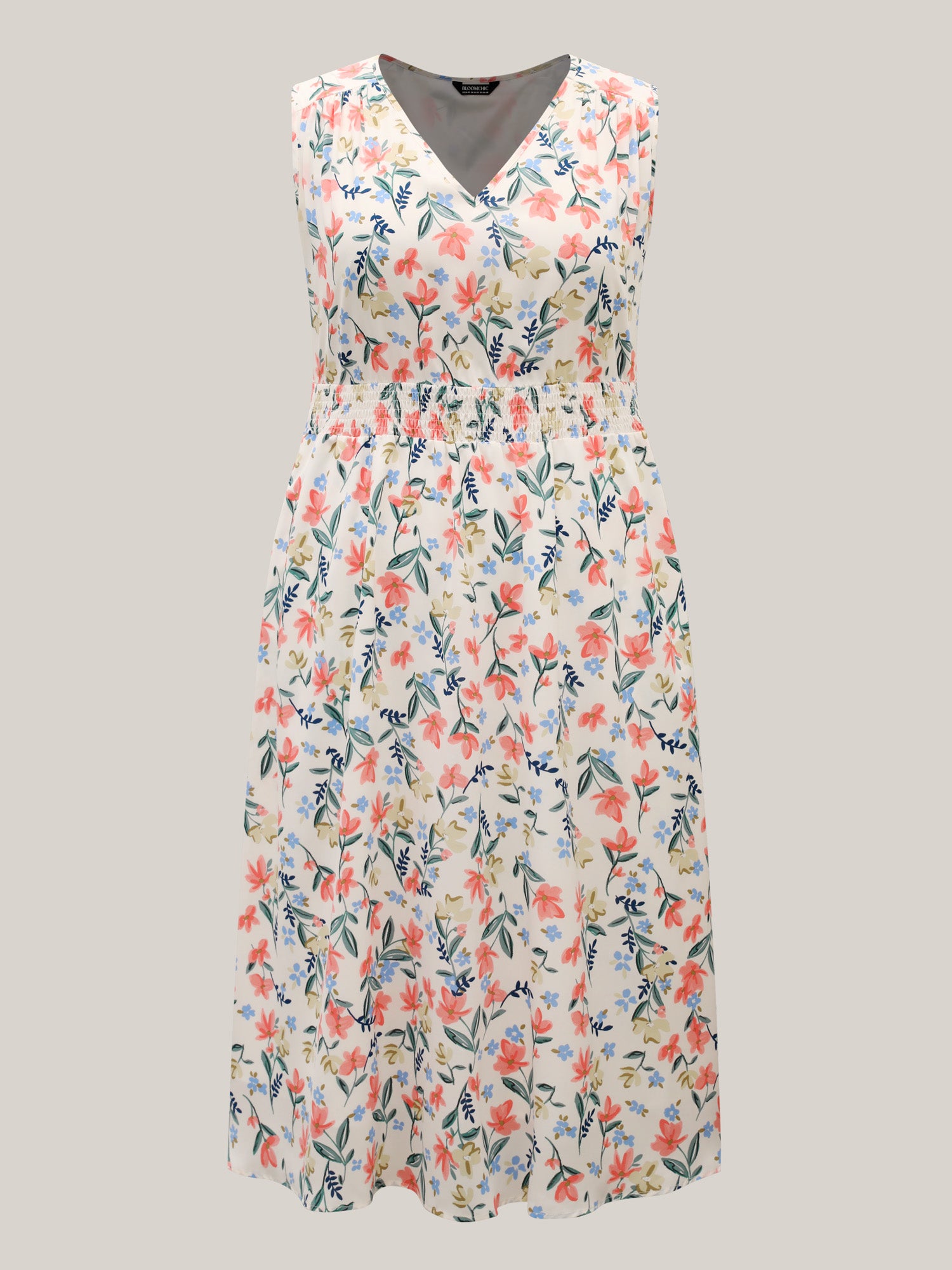 Shirred Waist Floral Print Pockets Midi Dress
