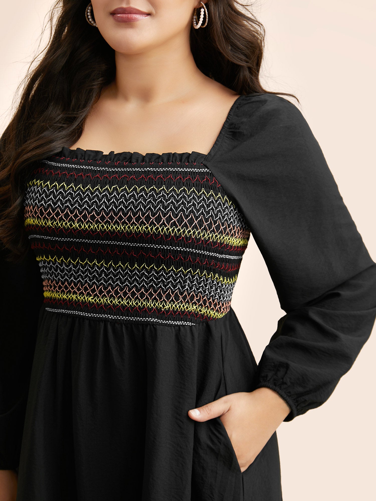 Colored Striped Shirred Frill Trim Dress