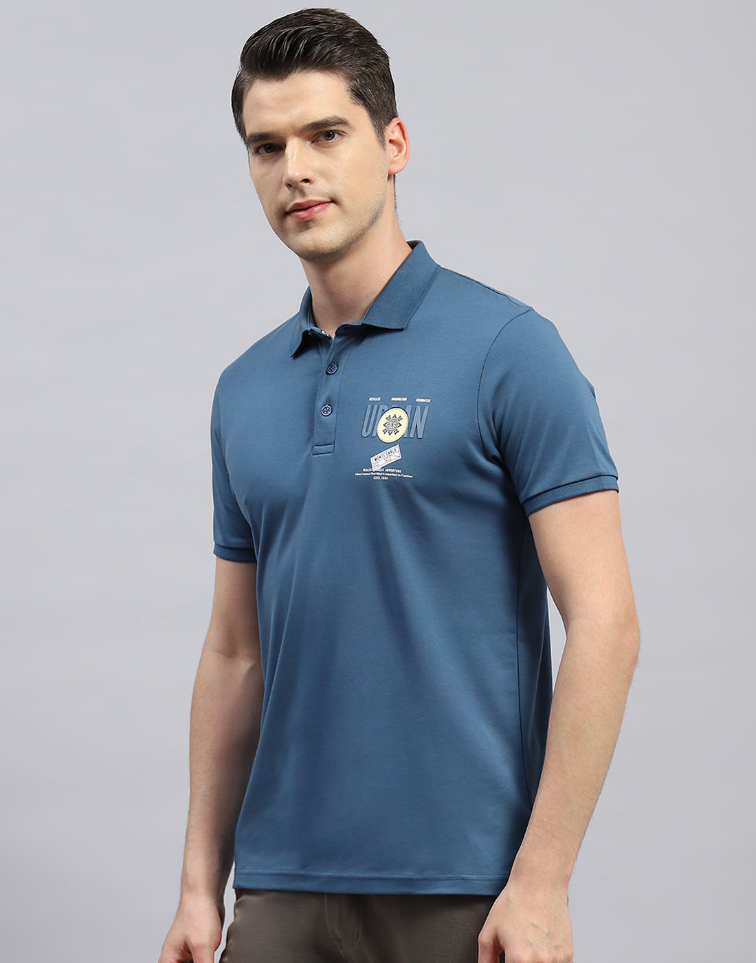 Men Teal Blue Printed Polo Collar Half Sleeve T-Shirt