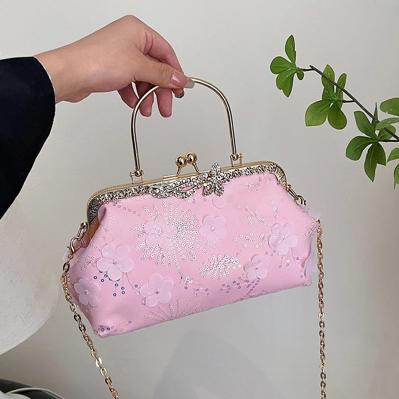 Women's Medium Pu Leather Gauze Flower Classic Style Clasp Frame Crossbody Bag