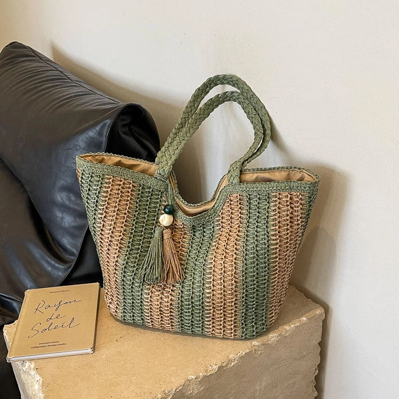 Women's Medium Straw Stripe Beach Classic Style Weave Bucket Zipper Straw Bag
