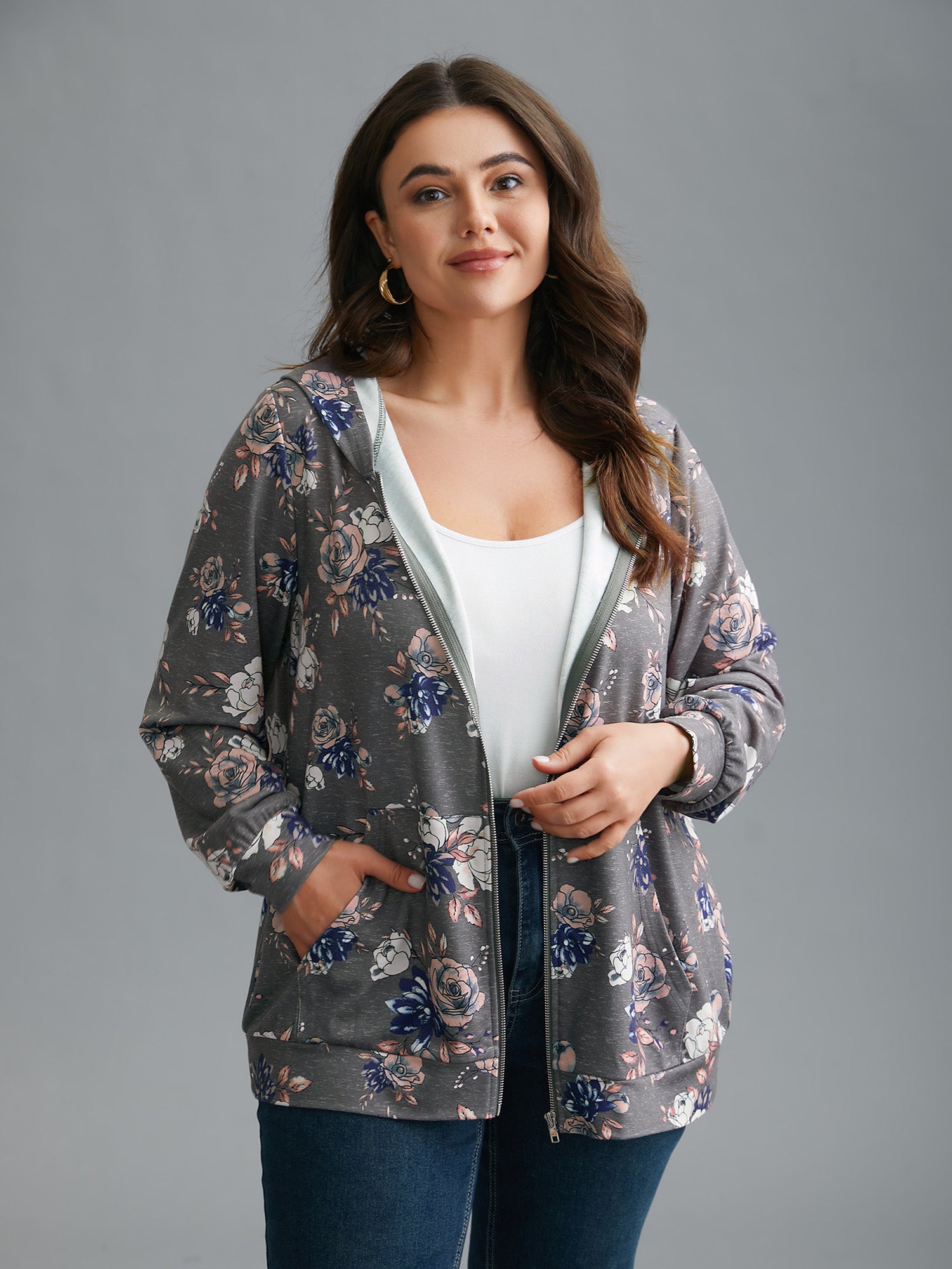 Floral Print Zipper Front Hooded Sweatshirt