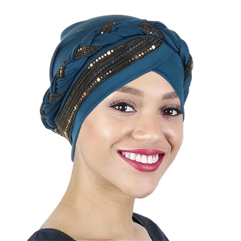 New Sequined Braid Hat Fashion Headscarf Hat Women's Travel Pullover Hat