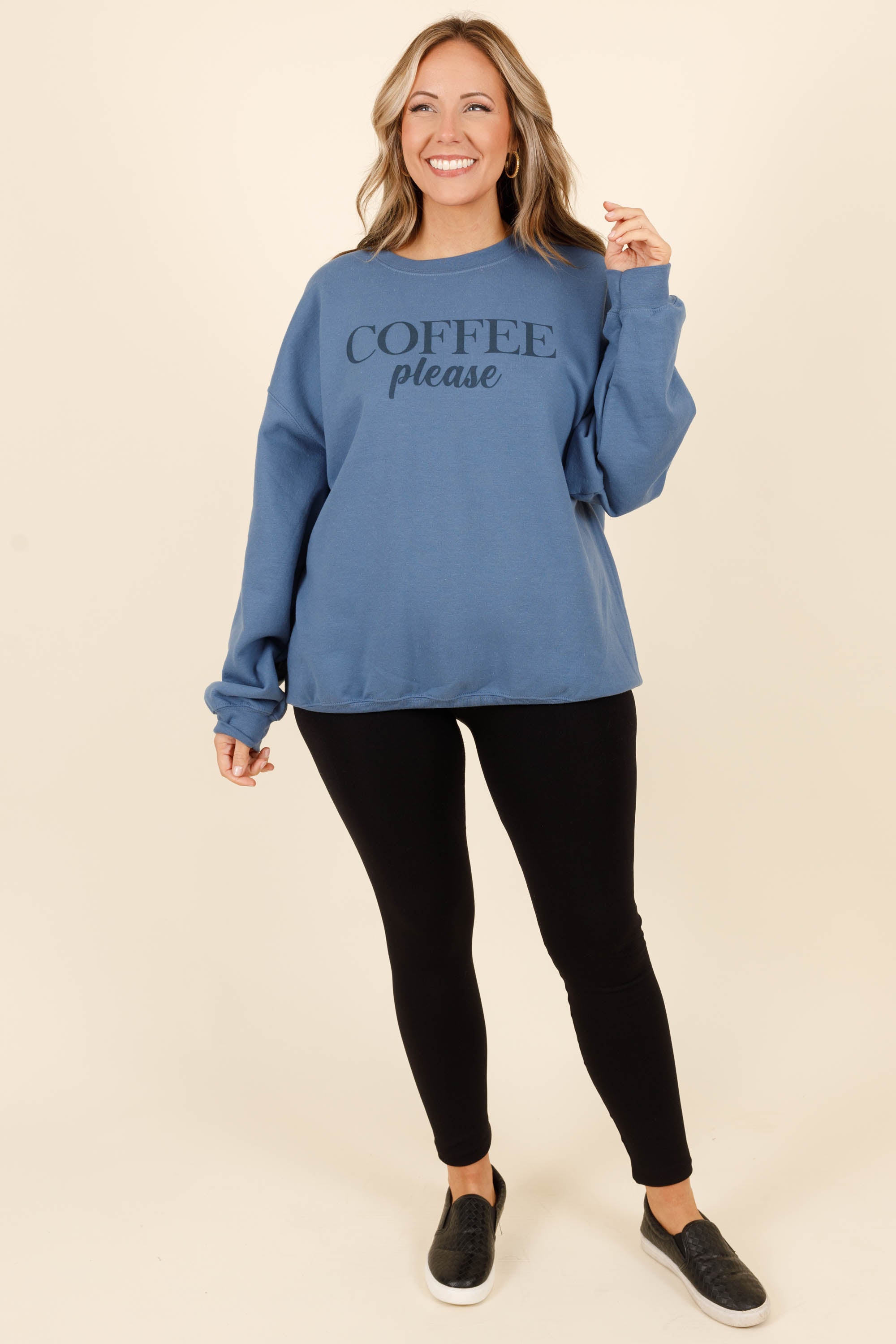 Coffee Please Sweatshirt. Indigo Blue