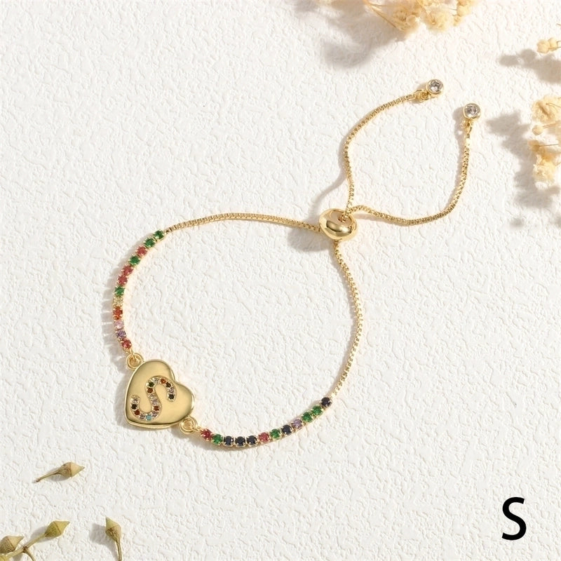 Copper 18K Gold Plated Elegant Romantic Sweet Letter Heart Shape Inlay Zircon Bracelets
