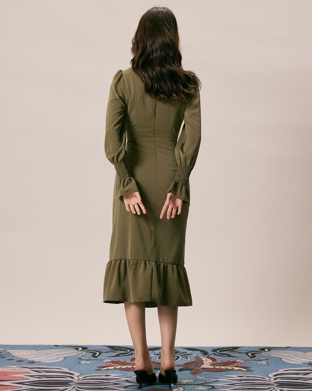 The Army Green Mock Neck Ruffle Midi Dress