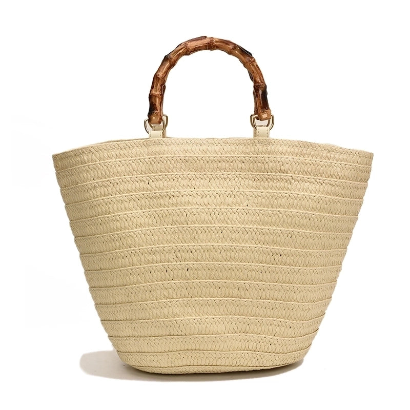 Women's Medium Straw Solid Color Vacation Beach Weave Zipper Straw Bag