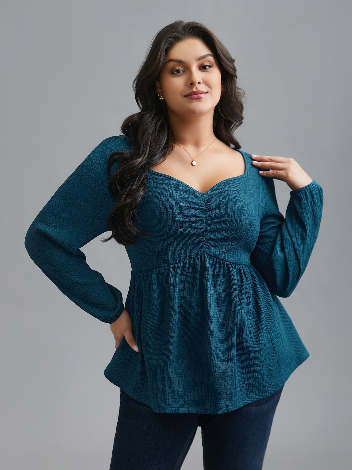 Heart Neckline Solid Gathered Blouse