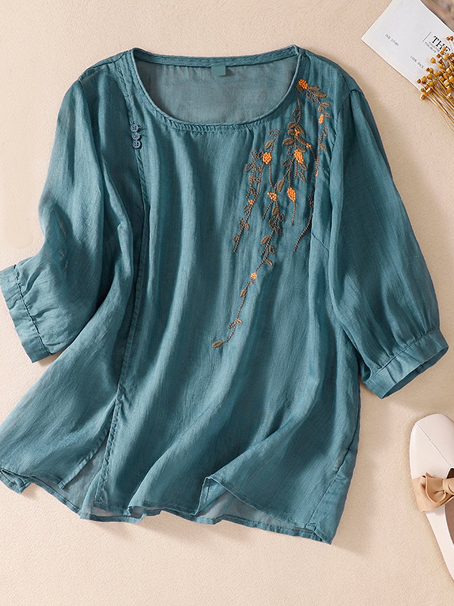 Embroidered Art Cotton And Linen Loose Pullover Top