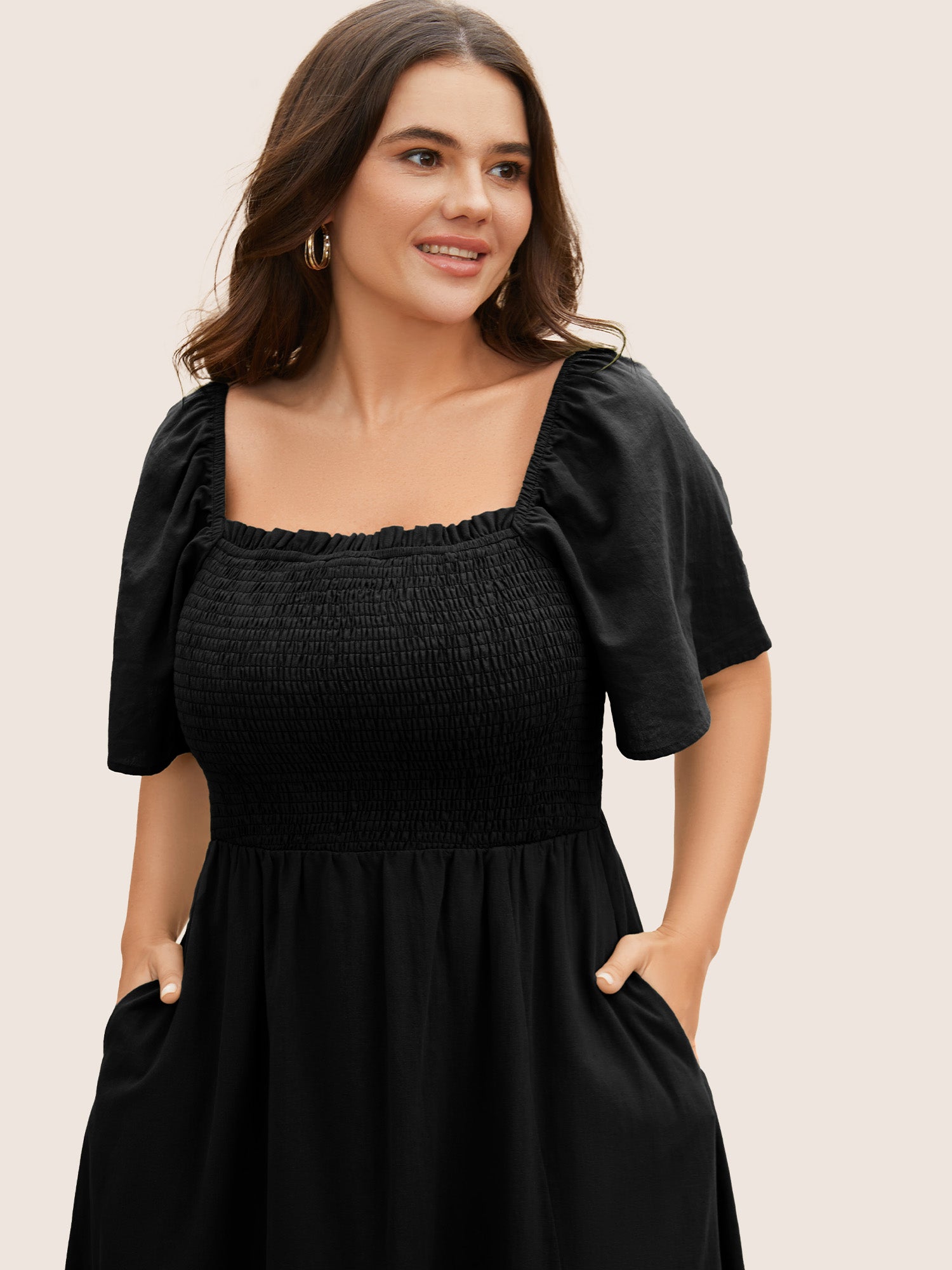 Cotton Square Neck Shirred Ruffle Sleeve Split Hem Dress