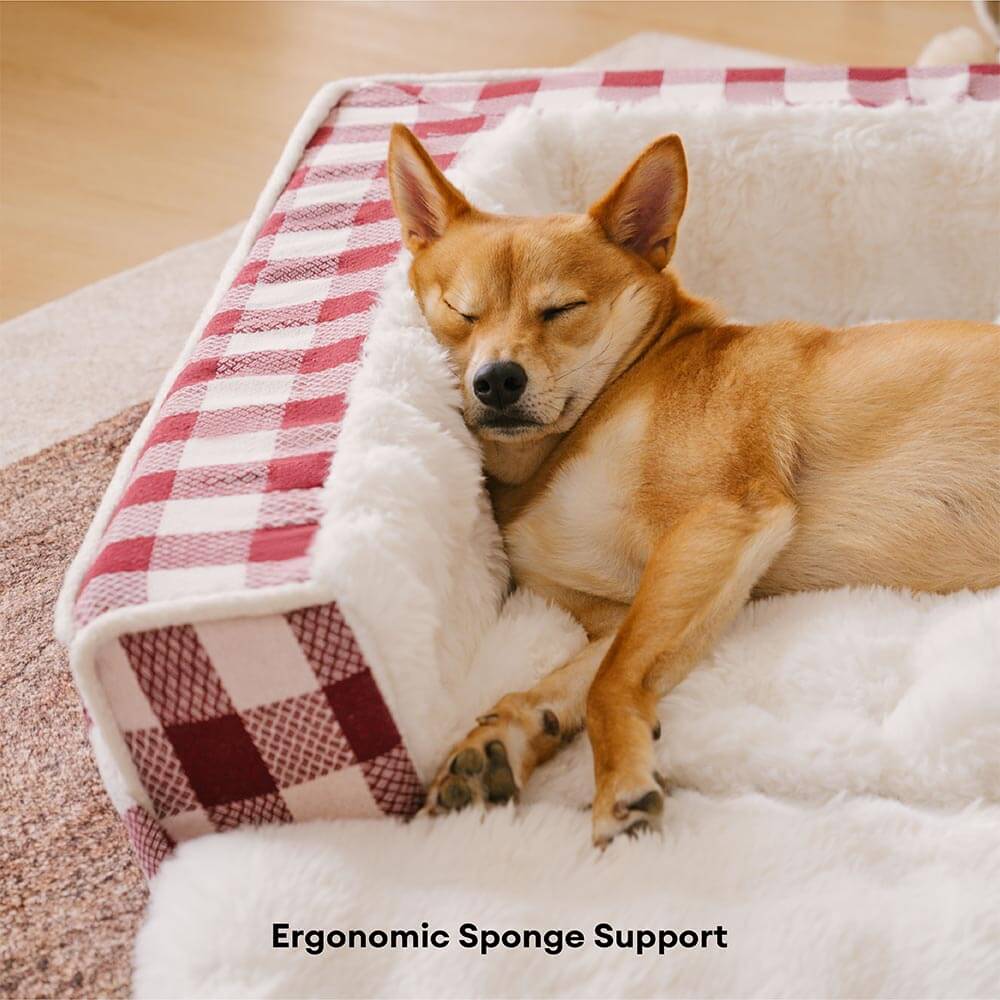 Classic Plaid Ergonomic Calming Dog Bed - Expandable＆Washable