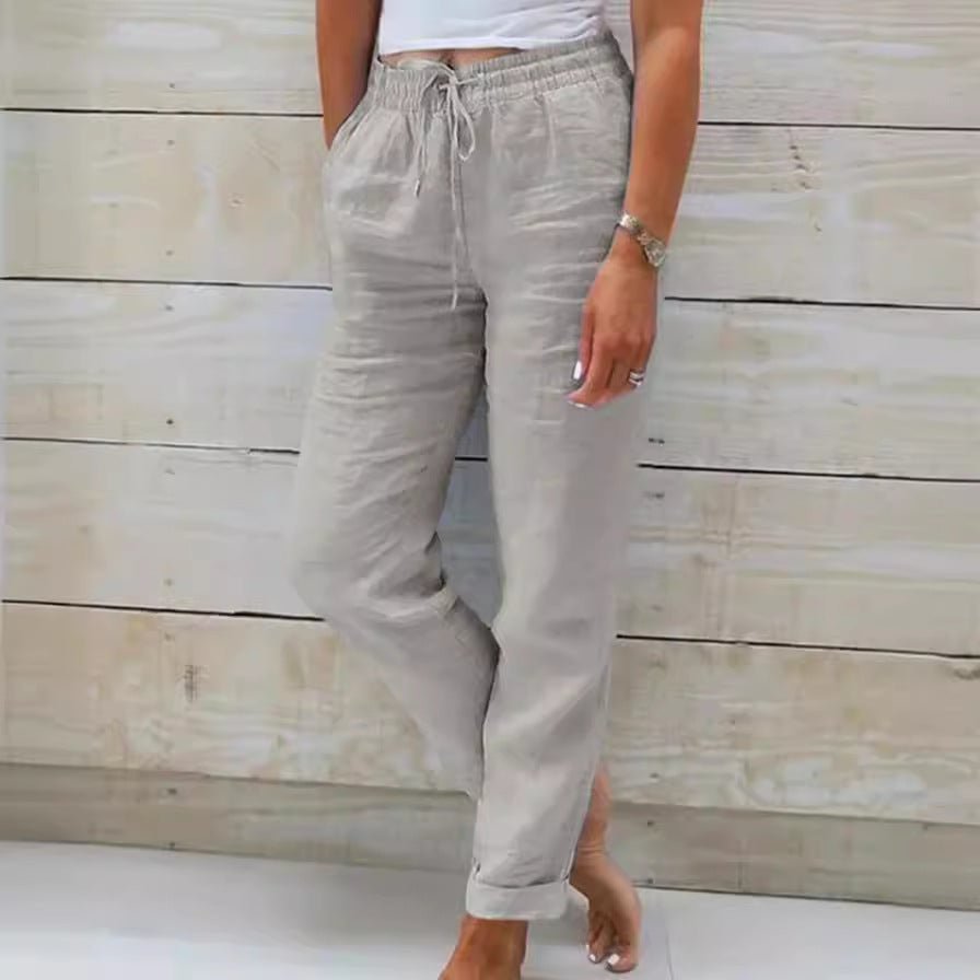 Women's high waist elastic waist solid color cotton and linen casual pants