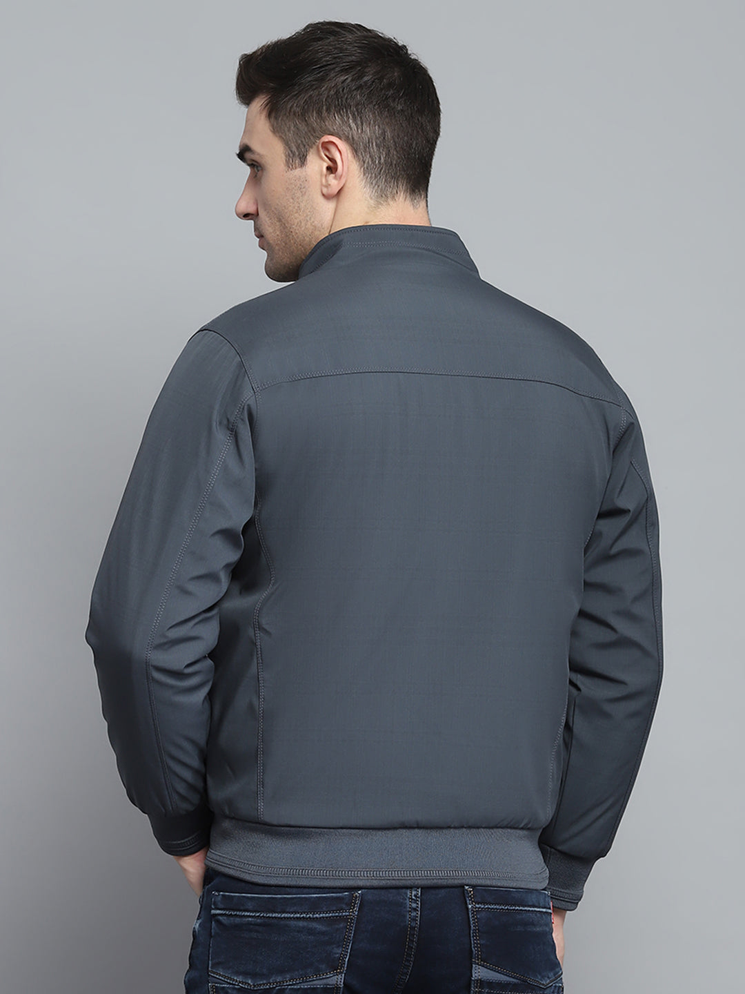 Men Grey Solid Mock Neck Full Sleeve Jacket