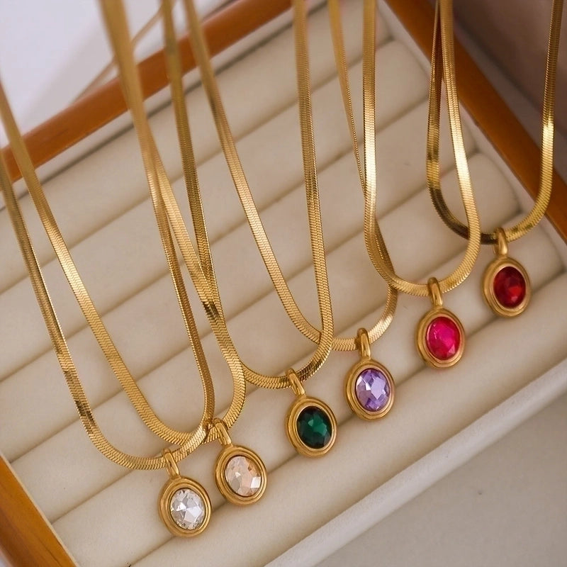 Stainless Steel 18K Gold Plated Lady Plating Inlay Oval Rhinestones Pendant Necklace
