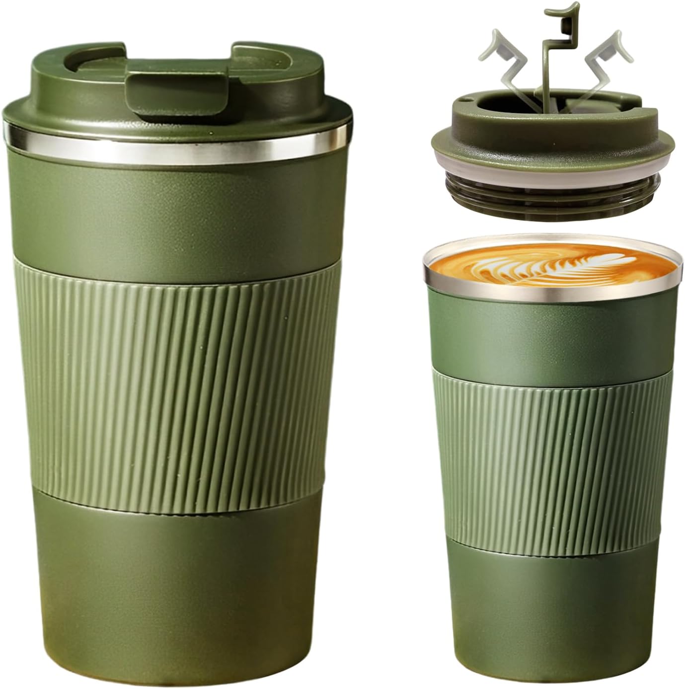 Senshuomy Travel Mug, Insulated Coffee Cup with Leakproof Lid, Reusable Coffee Cups Travel Cup, Stainless Steel thermaol Mug for Hot Cold Drinks (Green 380ml)