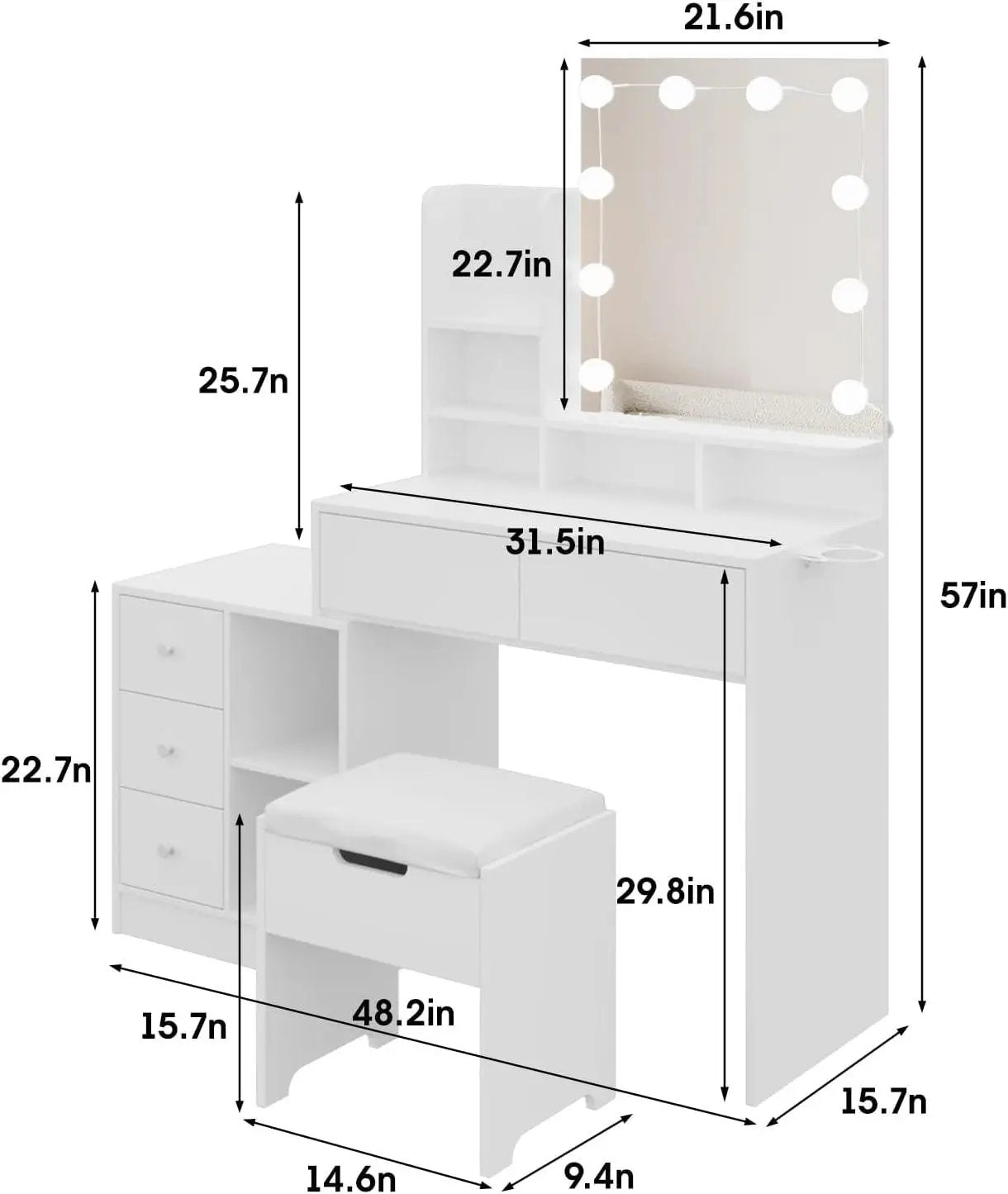 Functional White Vanity Table with 5 Drawers and Lots Storage Shelves for Women Girls