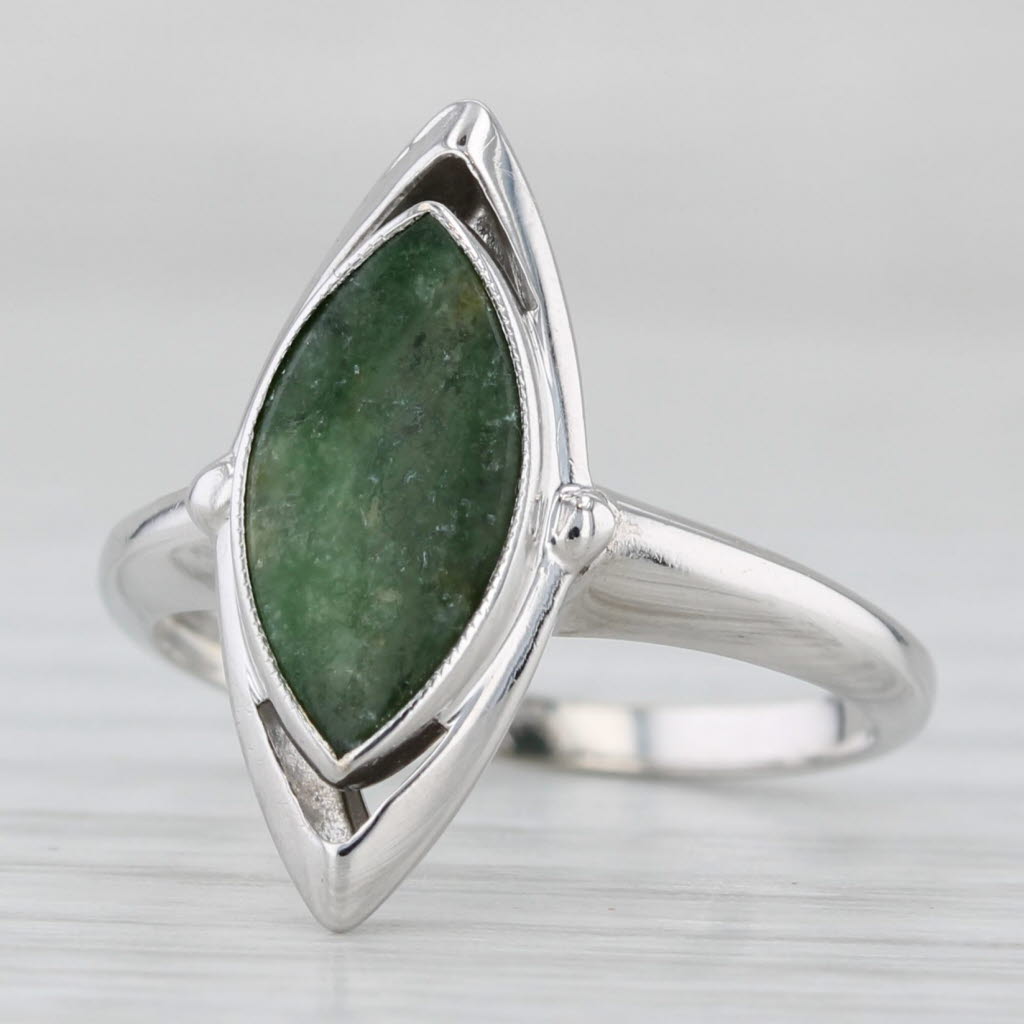 Nephrite Jade Navette Cabochon Solitaire Ring 10k White Gold Size 4.5
