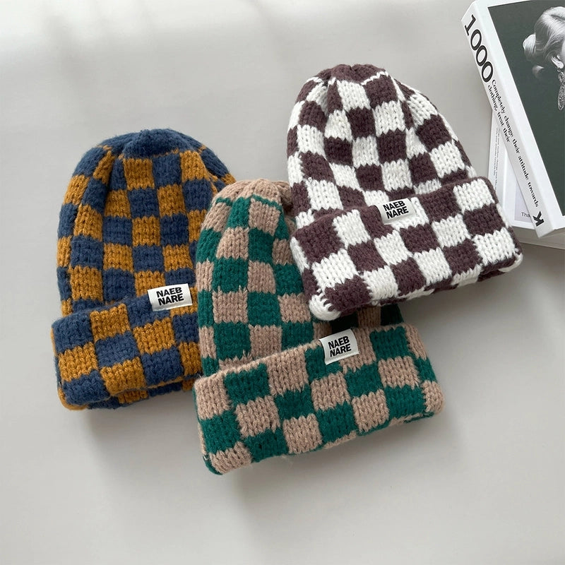 Women's Basic Retro Plaid Eaveless Wool Cap