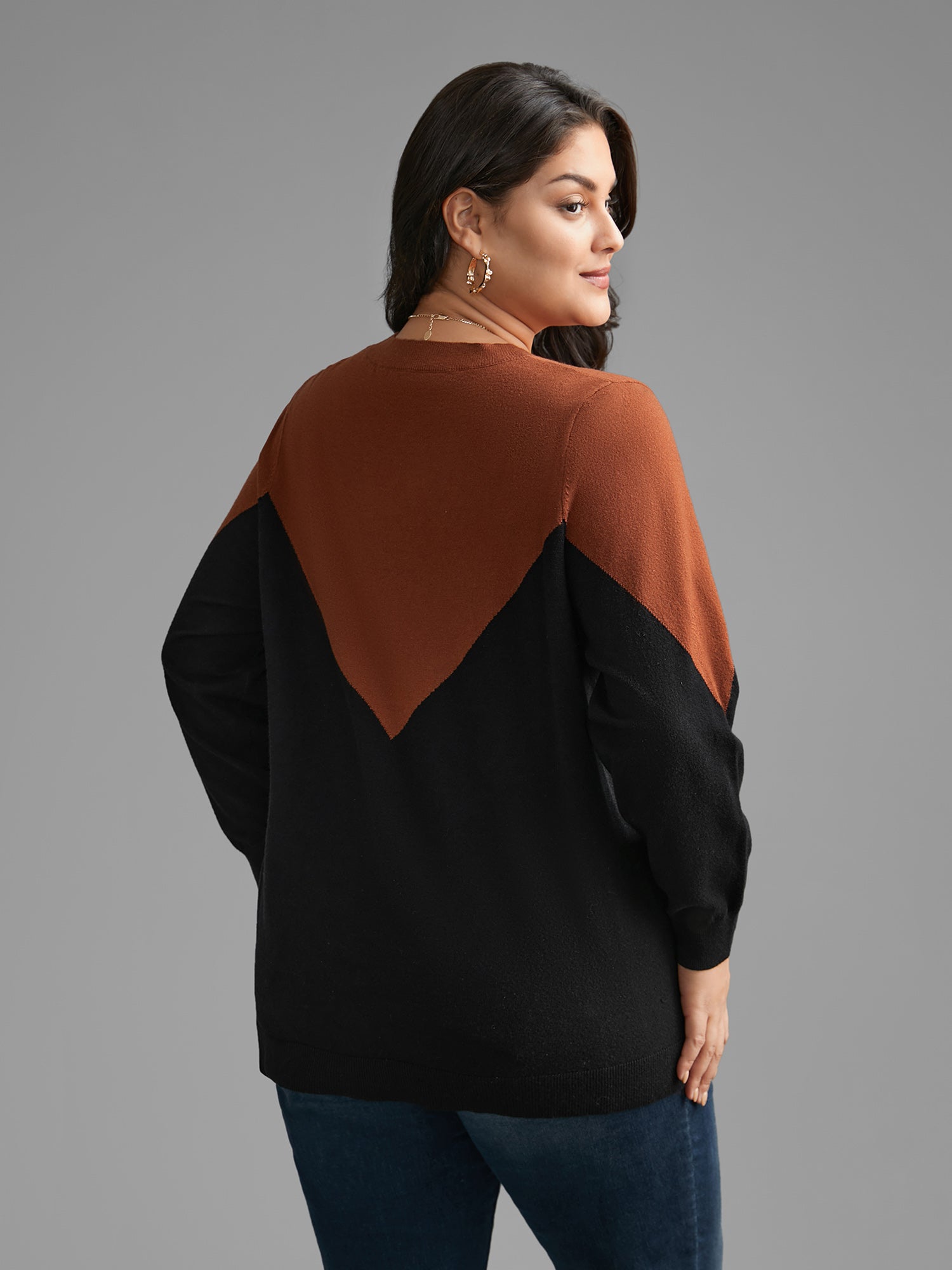 Round Neck Contrast Patchwork Pullover