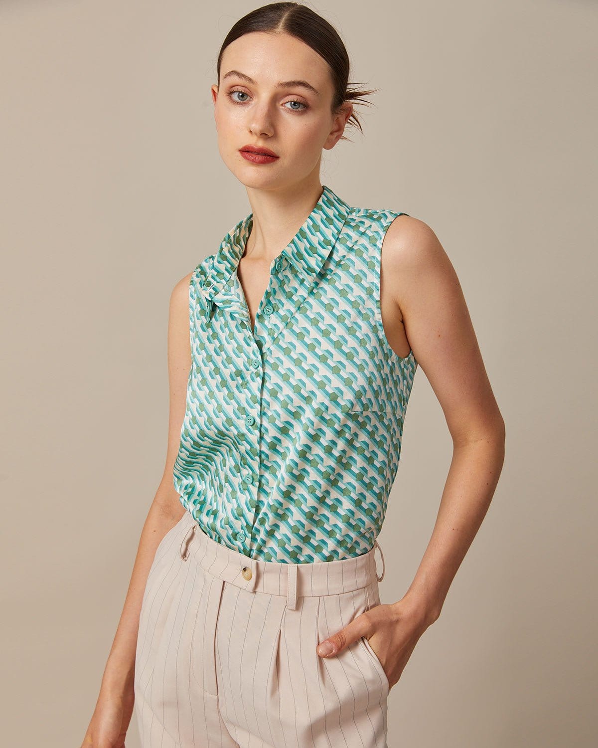 The Green Collared Geometric Print Vest