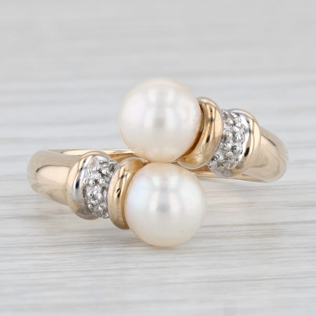 Cultured Pearl Diamond Bypass Ring 14k Yellow Gold Size 7