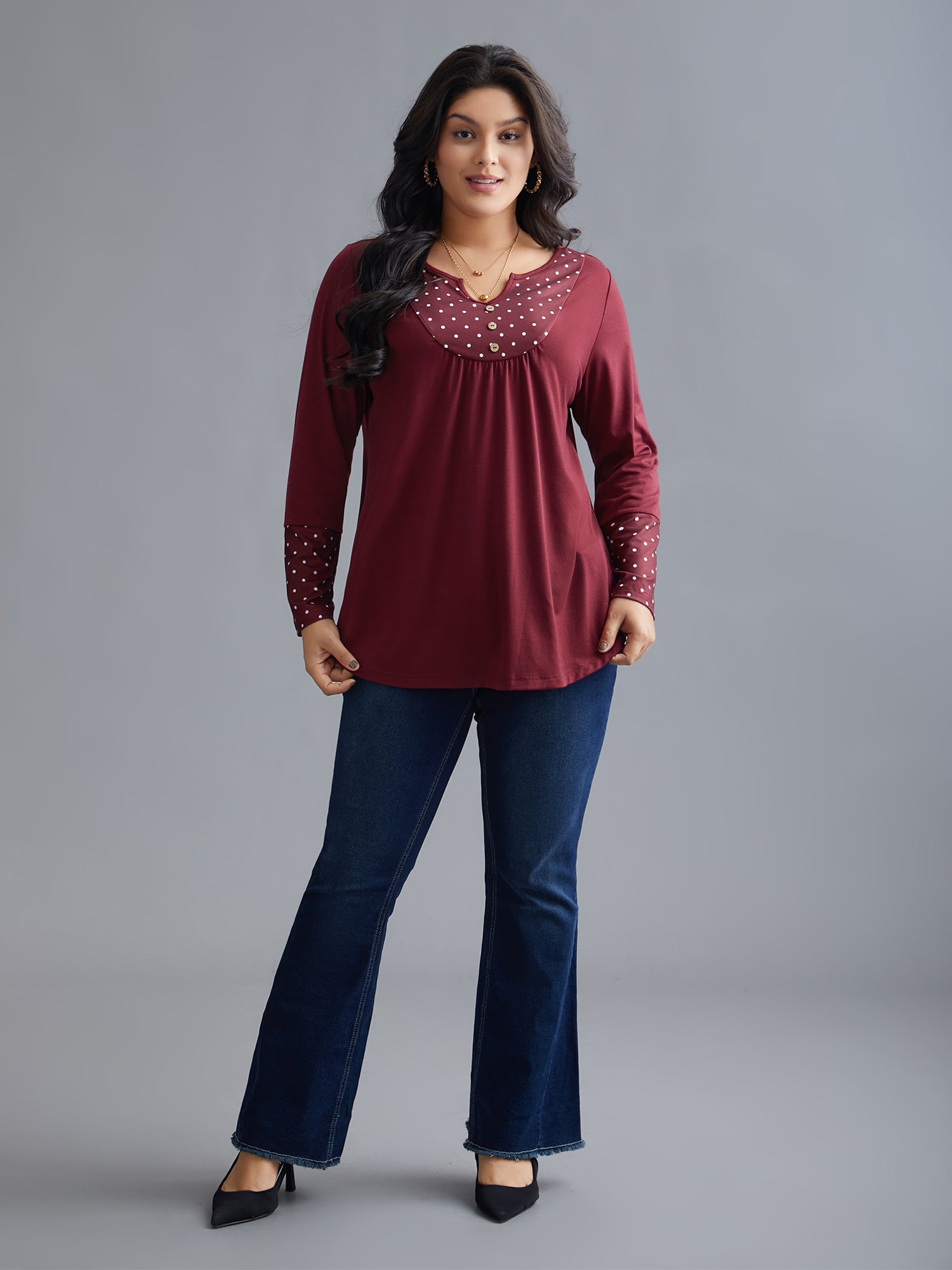 Notched Button Detail Polka Dot Patchwork T-shirt
