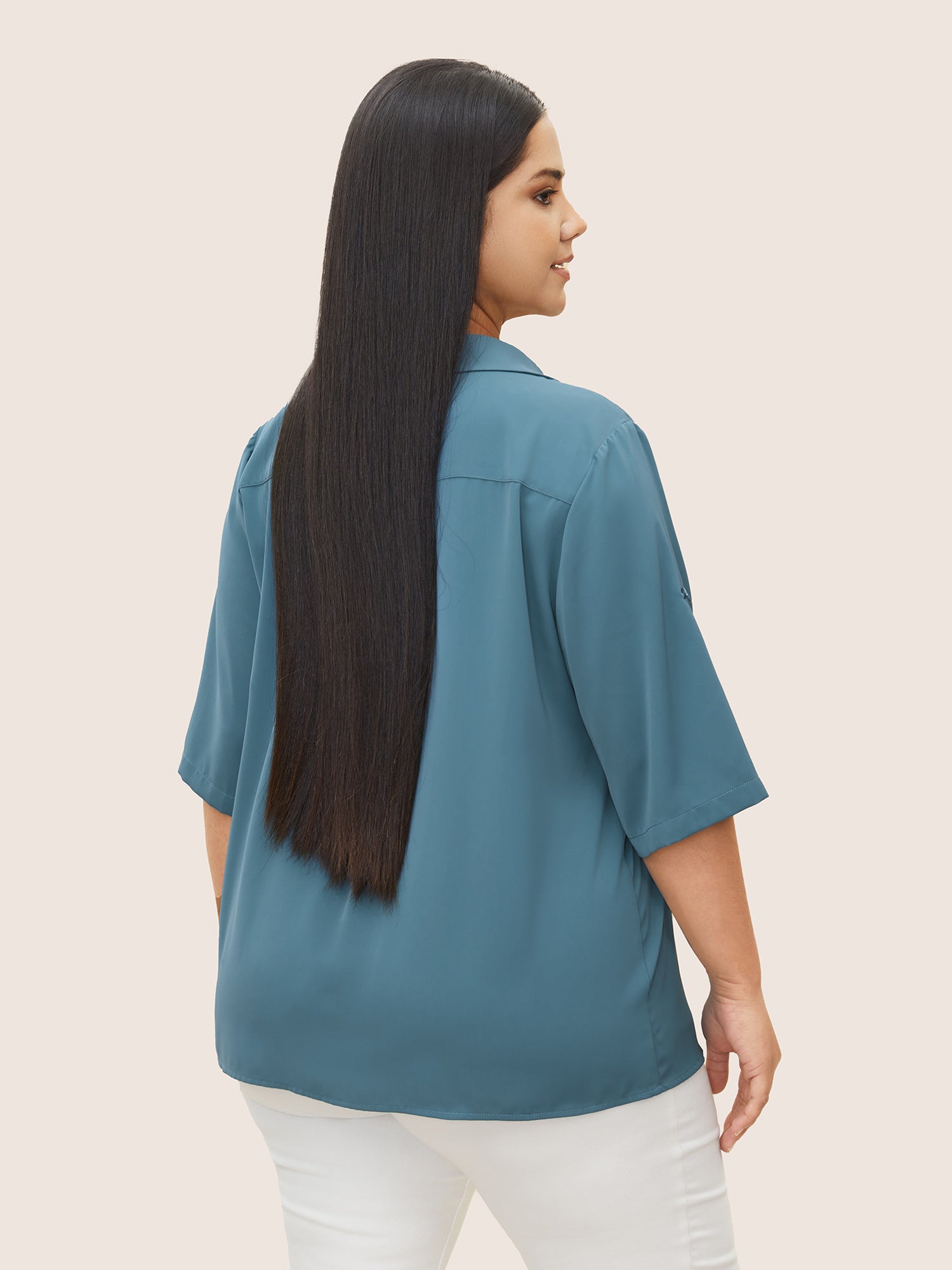 Anti-Wrinkle Shirt Collar Patched Pocket Tab Sleeve Blouse