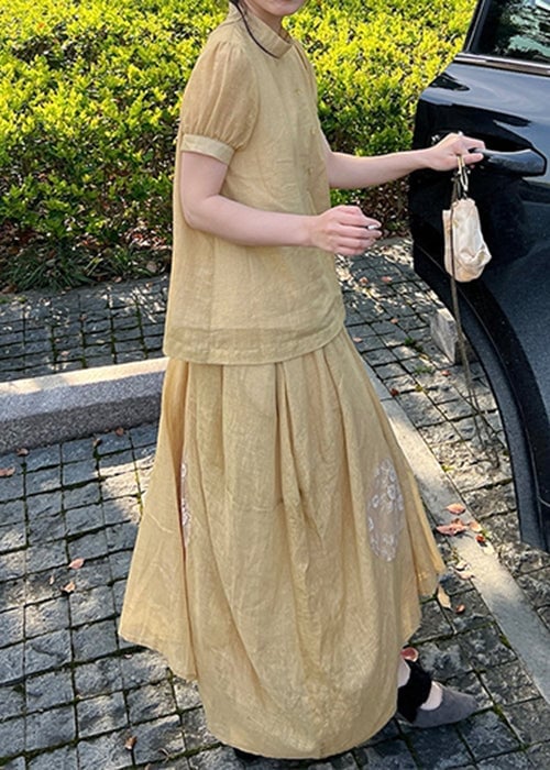 Art Yellow Lace Patchwork Tops And Skirts Two Pieces Set Summer
