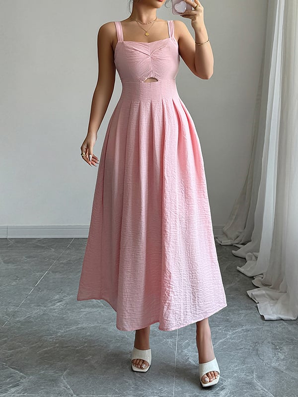 A-line High Waisted Backless Hollow Pleated Solid Color Zipper Spaghetti-Neck Midi Dresses