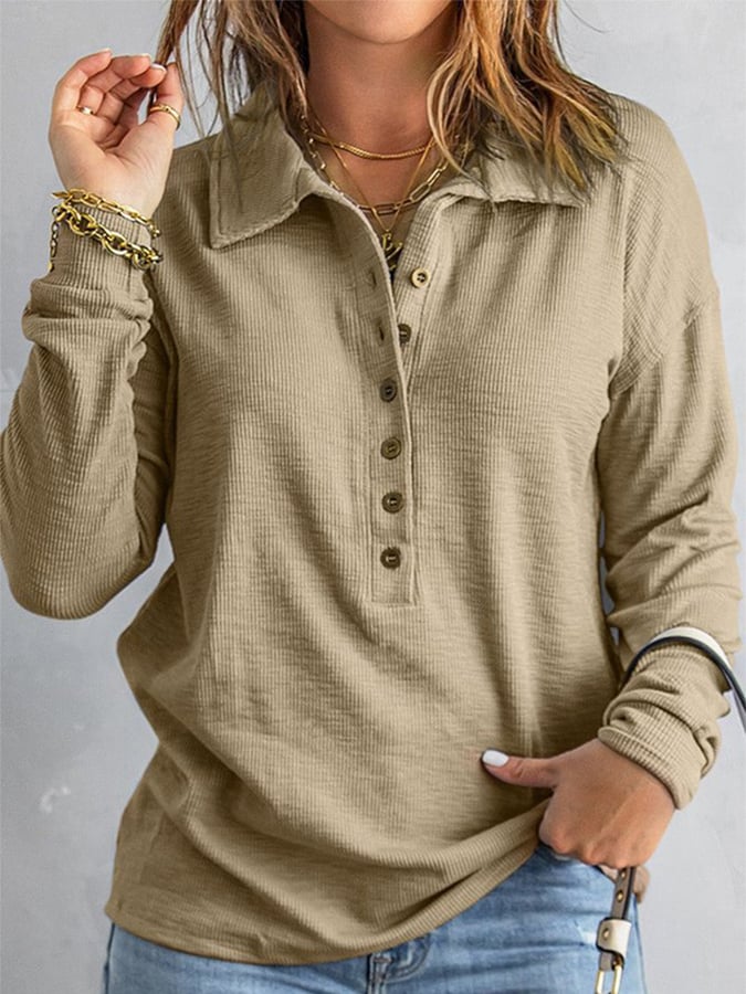 Polo Neck Solid Color Loose Fitting Casual Long Sleeved Knit Shirt