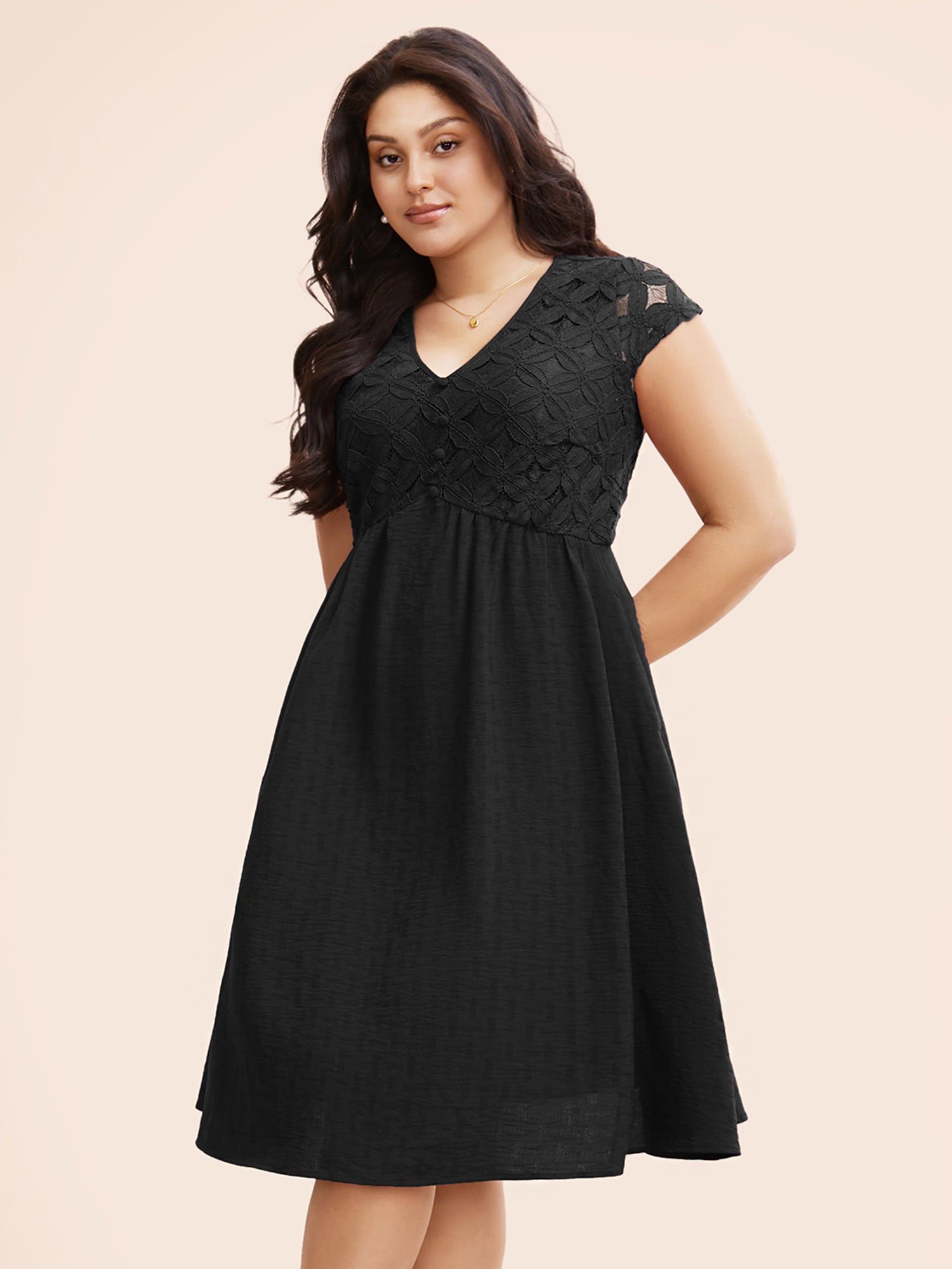 Plain Lace Panel Cap Sleeve Dress